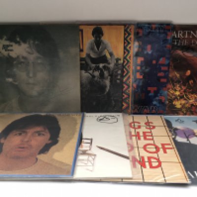 Two bags of 17 Paul McCartney and John Lennon LPs and singles including 'Imagine' with unverified signature, 'Ram', 'Tug Of War' and others.