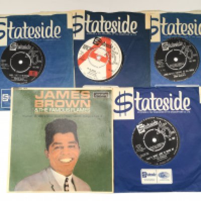 Five rare soul and Northern soul UK 7" singles comprising Jimmy Radcliffe SS 374, Jay W King SS 505 demo disc, Marvin Gaye SS 243, The Miracles SS 353 and a James Brown EP RE 1410.