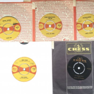 Five rare blues and soul UK 7" singles including five on the Sue label comprising Lowell Fulson WI 375, Little Joe Cook WI 385, Freddy King WI 349, James Brown WI 360 and John Lee Hooker on the Chess label CRS 8039.