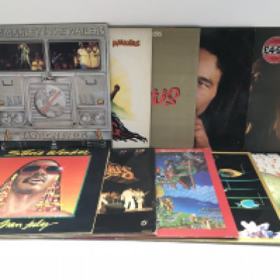 Ten reggae and funk LPs by various artists including Bob Marley, Stevie Wonder and others.
