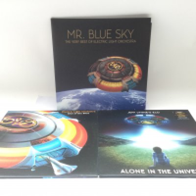 Three ELO LPs pressed on 180g vinyl comprising 'Mr Blue Sky - The Very Best Of ELO', 'Out Of The Blue' and 'Alone In The Universe'.
