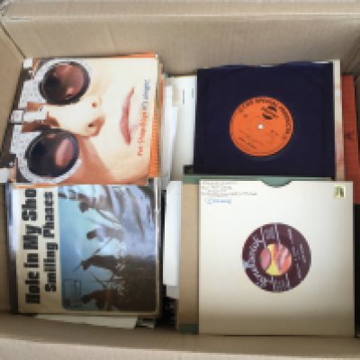 Two boxes of 7" singles by various artists including Traffic, Billy Fury, Elton John and many more.