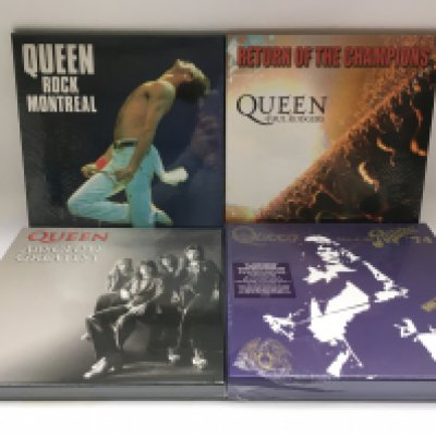 Four sealed and mint Queen box sets comprising a 3LP 'Return Of The Champions', a 3LP 'Rock Montreal', a limited edition super deluxe 2CD/SD/BluRay/DVD 'Live At The Rainbow 74' and 3LP 'Absolute Greatest'.