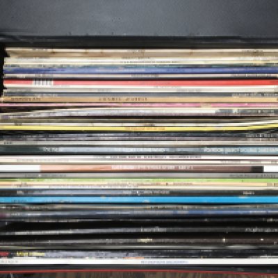 A record case of LPs by various artists including The Who, Kate Bush, George Harrison and others.