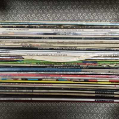 A record case of comedy and spoken word LPs.