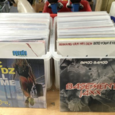 Two boxes of house music 12" singles by various artists including Basement Jaxx, Moby, Armand Van Helden and many more.