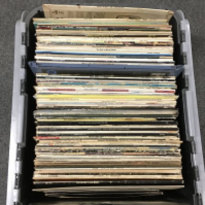A box and a record case of LPs by various artists including Bruce Springsteen, Elvis Presley, Eddie Cochran and others.