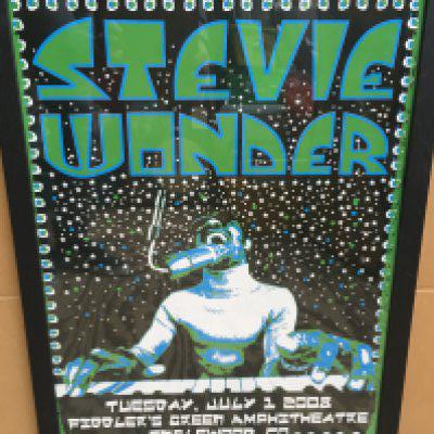 A Stevie Wonder poster advertising an appearance at Fiddler's Green Amphitheatre, Englewood on Tuesday, 1st July 2008, approx 51cm x 66cm.