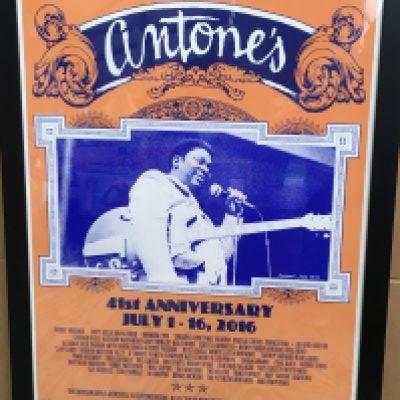 A framed and glazed Limited edition and hand numbered poster for Antone's 41st anniversary July 1-16, 2016 depicting BB King as the main image, approx 57cm x 72cm.