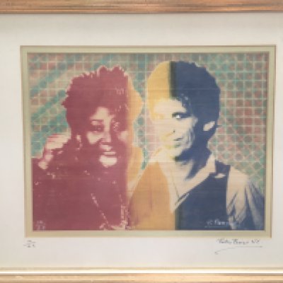 Pietro Psaier, 1936-2004. A signed and numbered limited edition hand silk screened and tinted with inks 'Arita & Keef' print from the rock icons series, numbered 14/25 with COA to reverse, approx 53.5cm x 43.5cm.