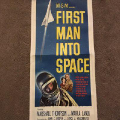A linen backed film poster for 'First Man Into Space' (1959), approx 36cm x 91cm (poster only).