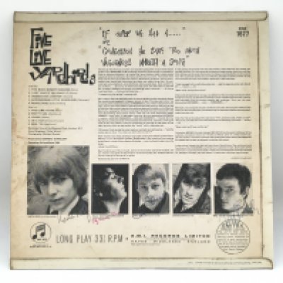 A signed 'Five Live Yardbirds' LP with signatures to the back cover, Jeff Beck has amusingly written over the image of Eric Clapton. No COA. Please note that buyers must satisfy themselves as to the authenticity of any signed items before bidding as we are not experts in this field and will not be held responsible should they prove to be anything other than genuine.