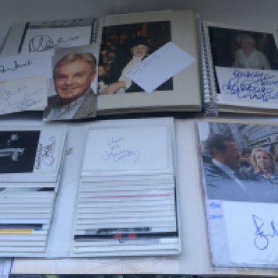 An extensive collection of autographs of actors, actresses and entertainers including Roger Moore, Derek Jacobi, John Hurt, Russell Brand, Dale Winton, Barbara Windsor, Joanna Lumley and many more. No COAs. Please note that buyers must satisfy themselves as to the authenticity of any signed items before bidding as we are not experts in this field and will not be held responsible should they prove to be anything other than genuine.