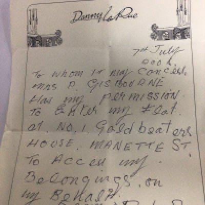 DANNY LA RUE.OBE. (1927-2009) The comic in the frock one of the most popular entertainers of the second half of the 20th century from the 1960s to his last performance in 2006. This Special collection of Danny personal possessions was given to Danny house keeper the late Mrs P Gisbourne, they remained close friends until Danny departed the performing world. We also have a letter from Danny dated 7/7/2004 written to his housekeeper giving permission to his belongings. Copy of this letter are available to successful buyers. Didnt I do well darling.