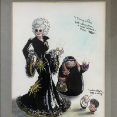 From the personal collection of Danny La Rue, a personalised ink and watercolour sketch by Giles 63.5cm x 52cm
