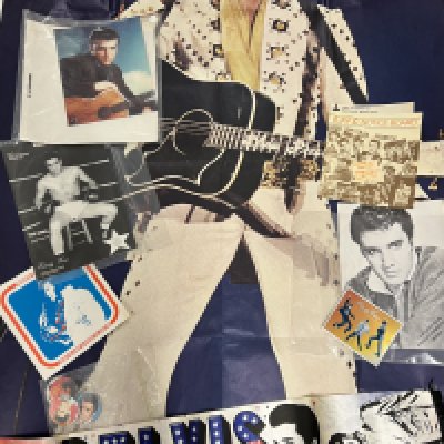 A selection of Elvis Presley, Cliff Richard and The Shadows related items to include large poster, badges, scarf, fanzines and paper ephemera.