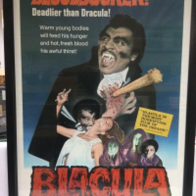 A US one sheet film poster for the 1972 vampire horror film 'Blacula', framed but has been folded, good condition. Approx 75cm x 110cm including frame.