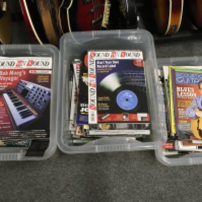 Six boxes of musicians magazines comprising Total Guitar, Sound On Sound and others.
