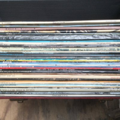 A record case of LPs by various artists including The Who, Elton John, Thin Lizzy, John Cale and others.