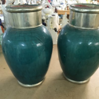 A pair of vases with metal collars. Approximately 13 inches tall. NO RESERVE