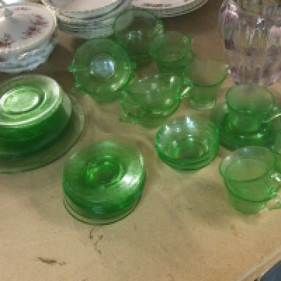 A Uranium glass pressed tea set . This lot cannot be posted
