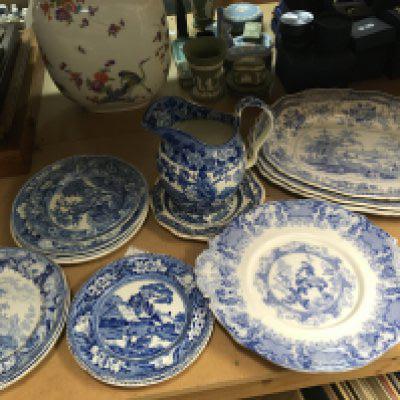 A Collection of 19th Century blue and white transfer ceramics, including jug, meat plates and serving dishes