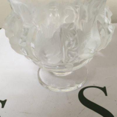 A Lalique glass vase with flora and bird decorations. 12 cm .