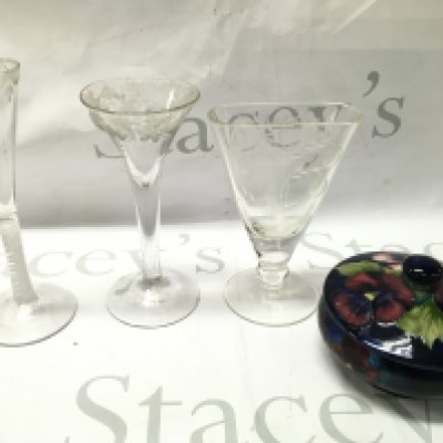 Three 18th century glasses , a Moorcroft jar with cover . This lot cannot be posted
