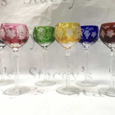 Six multi coloured Hock glasses approximately 22cm tall. This lot cannot be posted