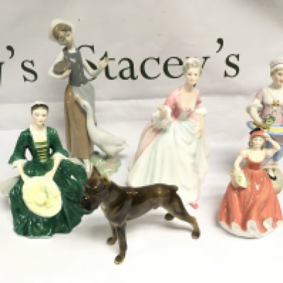 A collection of ceramics and boxed crystal comprising various Royal Doulton figures, a boxed Lladro figure, Edinburgh crystal decanter etc. Shipping category D.