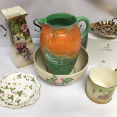 A Clarice Cliff bowl, a Shelley Jug, a boxed Royal Crown Derby dish etc. Shipping category D.