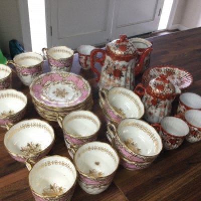 A Victorian pink and gilted part tea set , six saucers, cups of two sizes , Japanese Kutani part set