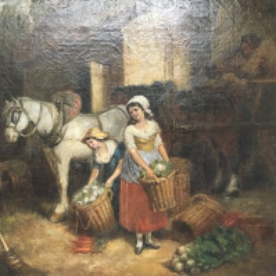 WITHDRAWN - A pen oil painting on canvas depicting ladies with baskets of vegetables with a harnessed working horse The Painting Entitled Preparing for Market attributed to Francis Wheatley 1747-1801. 90x78cm