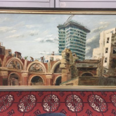 A Jean Kevan (1916-2006) framed oil on canvas painting of the Stock Exchange London Demolition 1966, As the old Stock Exchange is demolished, Richard Seifert's innovative Drapers Gardens building nears completion. This was, apparently, Seifert's own favourite work. Frame dimensions 106x60cm- NO RESERVE