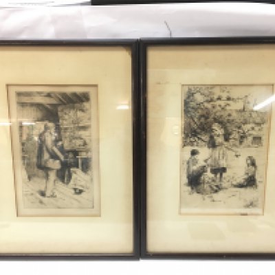 Two framed etchings by Constance G Coleman, one depicting a painter and the other a rural family scene. Frame sizes 29x39cm approximately. NO RESERVE