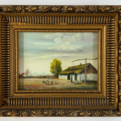 A small gilt framed oil on board painting, signed to reverse. 29.5cm x 24.5cm