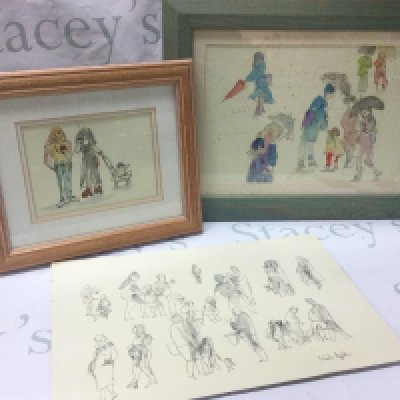 Three 20th century local artist Shelia Appleton watercolour and ink artworks two framed one unframed (titled Going Shopping) . This lot can be posted without the frames postage cat B