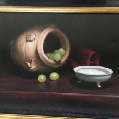 Two modern framed still life oil paintings by Anthony Ellis and a framed limited edition print by David Hurrell (3)