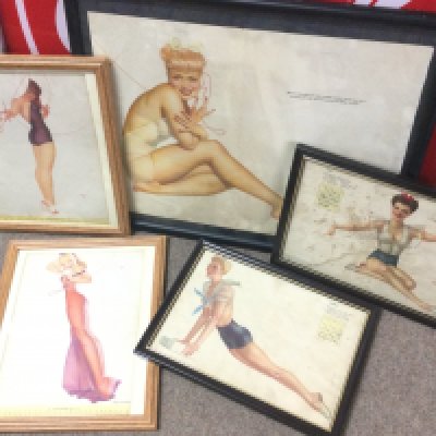 Vintage framed Petty and Varga pinup calendar prints circa 1940s. Frame dimensions 33x24 to 53x44cm This lot can be posted without frames postage category b