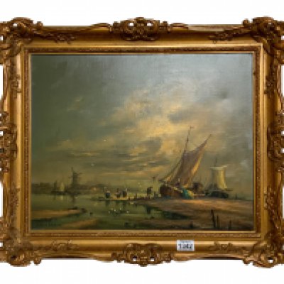 Gudrun Gibbons 1925-2020, oil on canvas river and Barge scene. 62cm x 52cm.