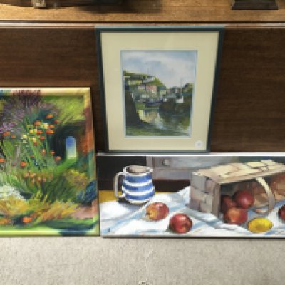 Two 20th century artist Joanna Crawford oil / pastel paintings - apples still life and abstract flowers. Also includes a framed print of fishing boats at a harbour. No reserve This lot cannot be posted