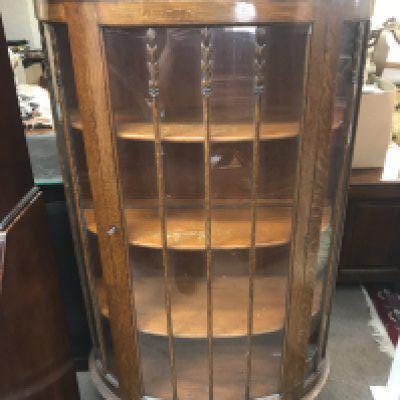 A semi circular oak glass door cabinet, 160cm tall 88cm wide. NO RESERVE