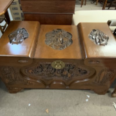 A Chinese carved wood blanket box with camphor wood lining. NO RESERVE