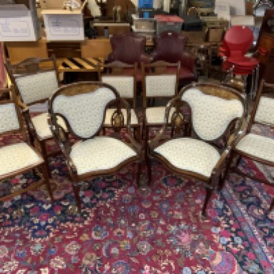 A selection of Edwardian inlaid chairs to include 4 dining chairs, 2 pairs of armchairs, 2 corner chairs.