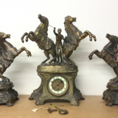 Three piece Spelter Marley horse clock set 43 and 35cm tall. This lot cannot be posted