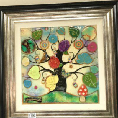 A Contemporary three dimensional art work by Kerry Darlington. The Tree of Harmony. Mixed Media the reverse with label. In a modern frame 62cmx62cm