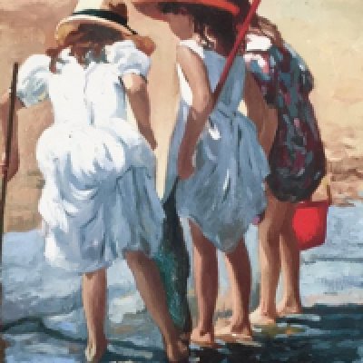 A Modern Contemporary framed Acrylic on board limited edition a summer beach scene with children by Sheree Valentine Daines signed with initials. 72x68cm