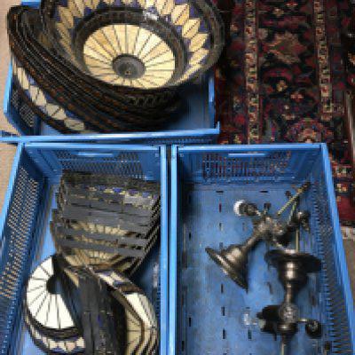 A Collection of Tiffany style lamp shades , side lights . The two pictured 49 and 39cm wide approximately .This lot cannot be posted
