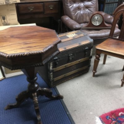 A Victorian hall chair , mirror (frame size dimensions 75x107cm), oak sewing work box table and a dome top trunk