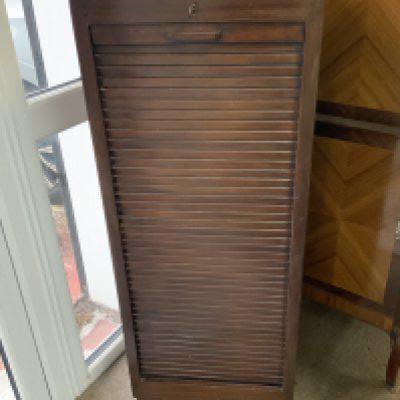 A 1940s F.A Morgenroth tambour fronted music cabinet. 118cm x 46cm x 46cm